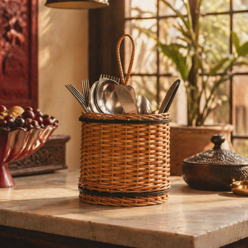 Kashmir Willow Wicker Cutlery Caddy, The Wicker House. Handmade in India by House of Taraasha.