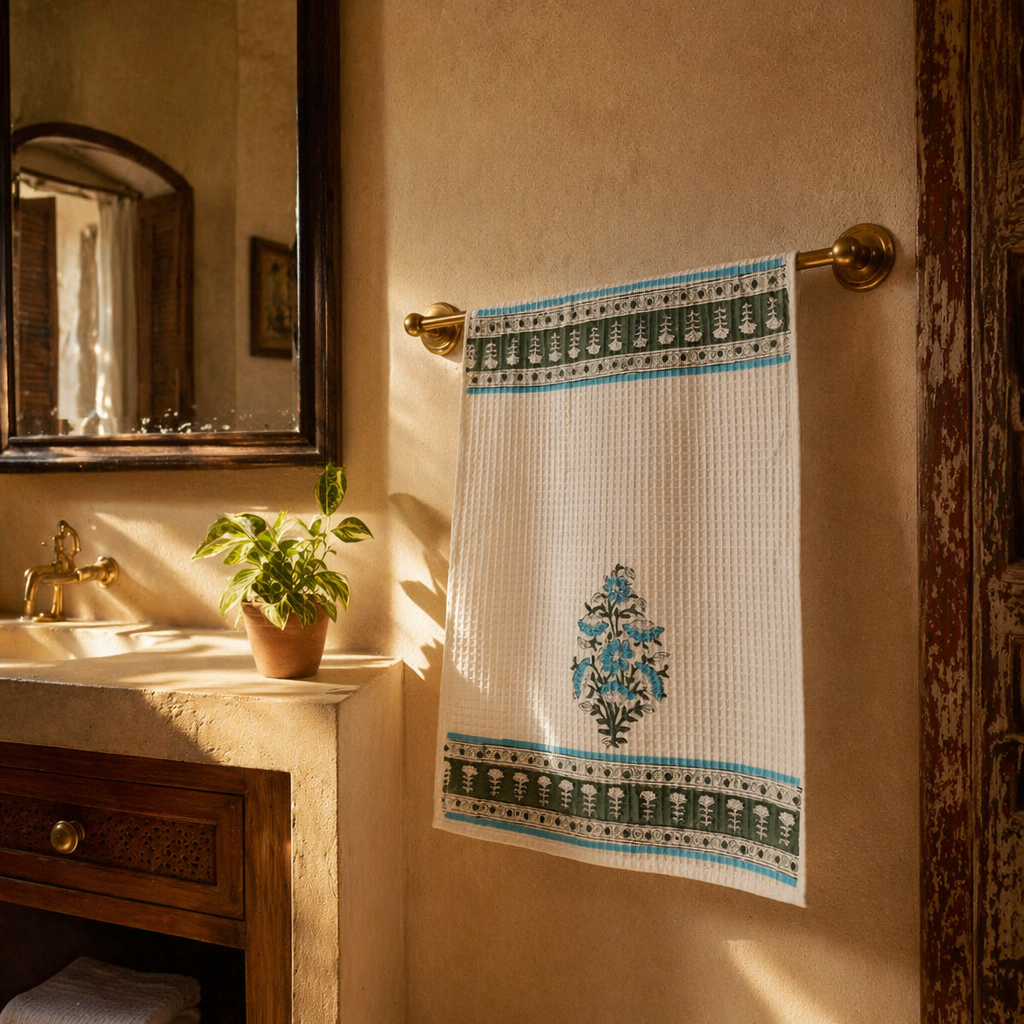 Block-Printed Waffle Hand-Printed Cotton Hand Towel, The Linen Room. Handmade in India by House of Taraasha.