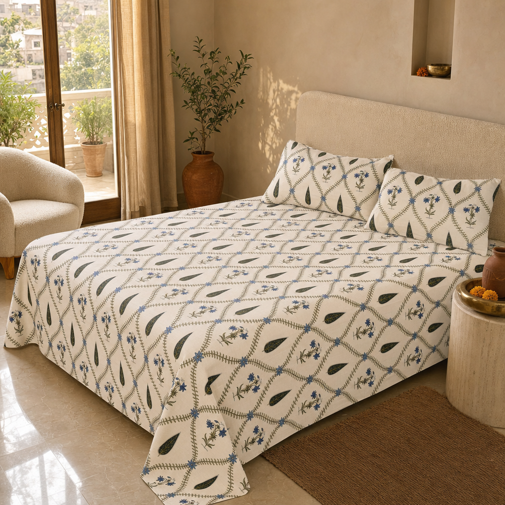 Cypress Blue Hand-Printed Floral Bedsheet in a modern home