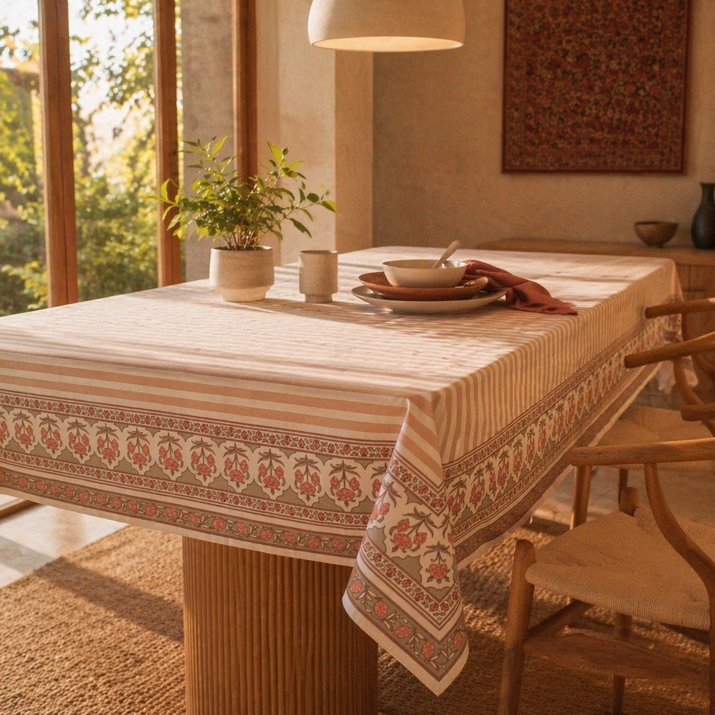 Royal Courtyards Table Cloth Dusty Pink and Off-White, The Gathered Table. Handmade in India by House of Taraasha.