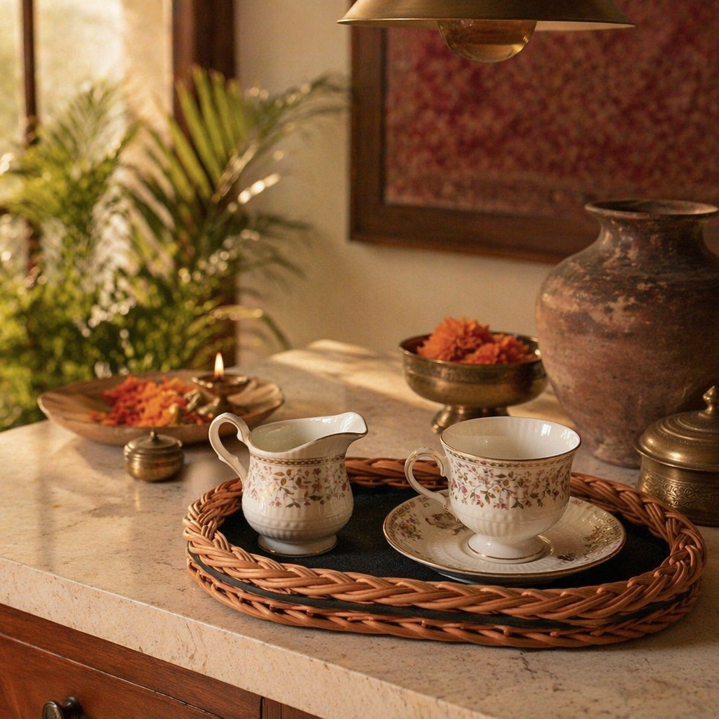 Ganderbal Kashmir Willow Wicker Serving Tray, The Brass Atelier. Handmade in India by House of Taraasha.