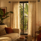 Karhuwa Cutwork Beige and White Semi-Sheer Curtain, The Draped Window. Handmade in India by House of Taraasha.