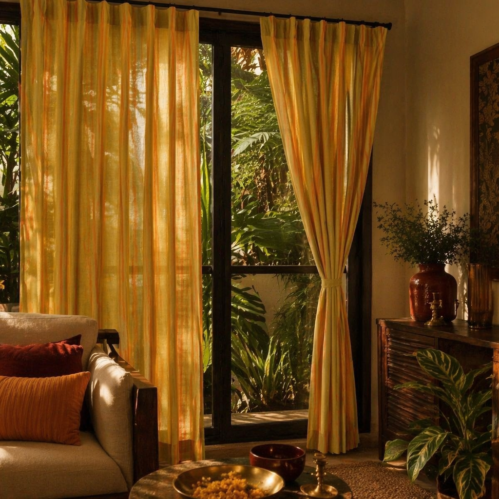 Handwoven Solid Matcha Green Cotton Door Curtain, The Draped Window. Handmade in India by House of Taraasha.