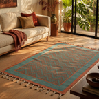 Green and Navy Hand Block-Printed Cotton Chevron Rug, The Woven Floor. Handmade in India by House of Taraasha.