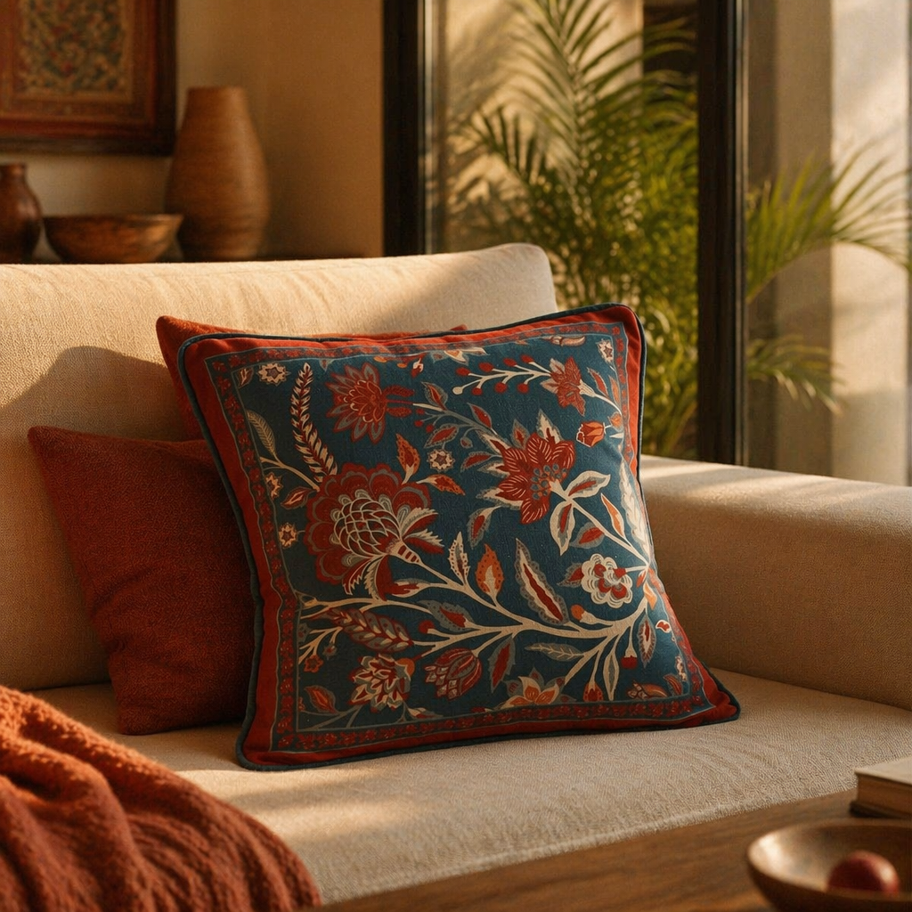Chintz Navy, Maroon and Ivory Block-Printed Cushion Cover, The Living Room. Handmade in India by House of Taraasha.