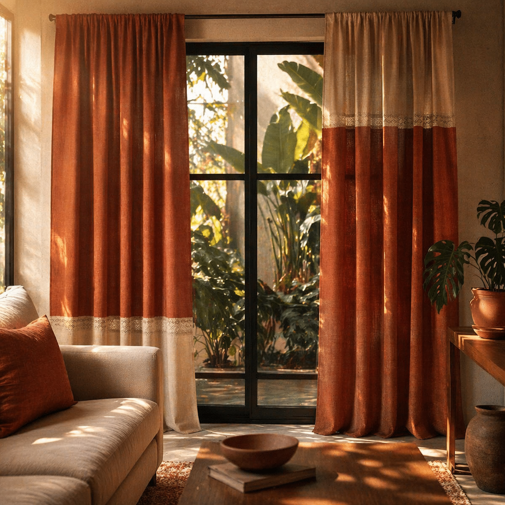 Rust and Off White Reversible Crochet-Border Door Curtain, The Draped Window. Handmade in India by House of Taraasha.