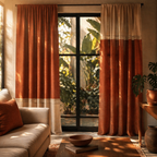 Rust and Off White Reversible Crochet-Border Door Curtain, The Draped Window. Handmade in India by House of Taraasha.