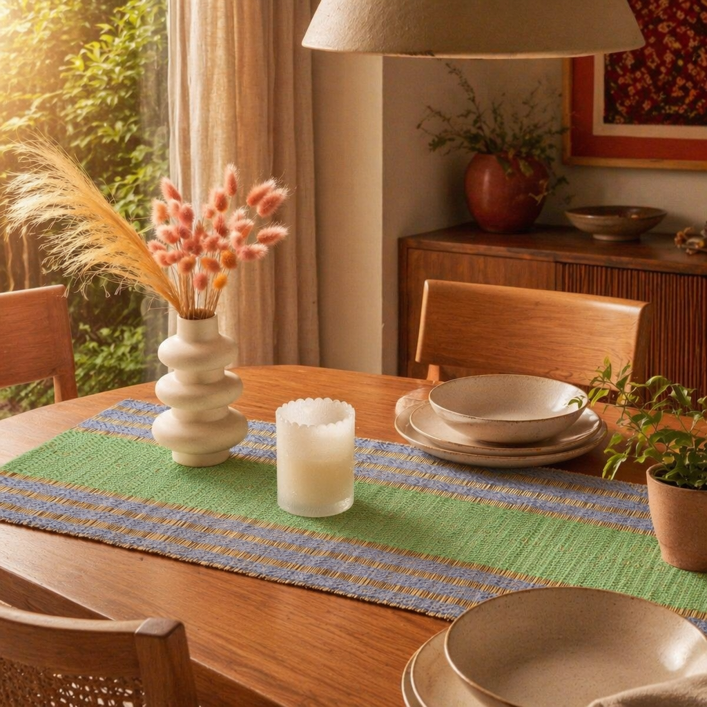Madur Teal & Blue Handwoven Grass Runner, The Gathered Table. Handmade in India by House of Taraasha.