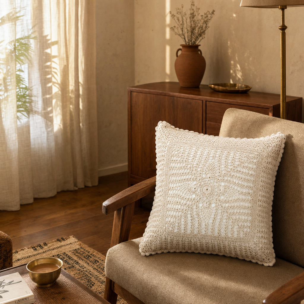 White Floret Handmade Crochet Cushion Cover in a modern home