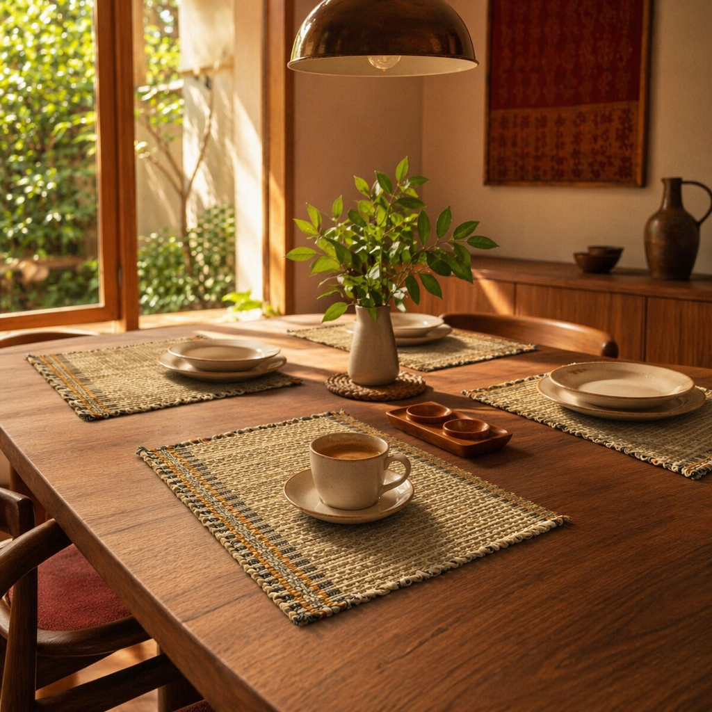Madur Beige Handwoven Grass Table Mats, The Gathered Table. Handmade in India by House of Taraasha.