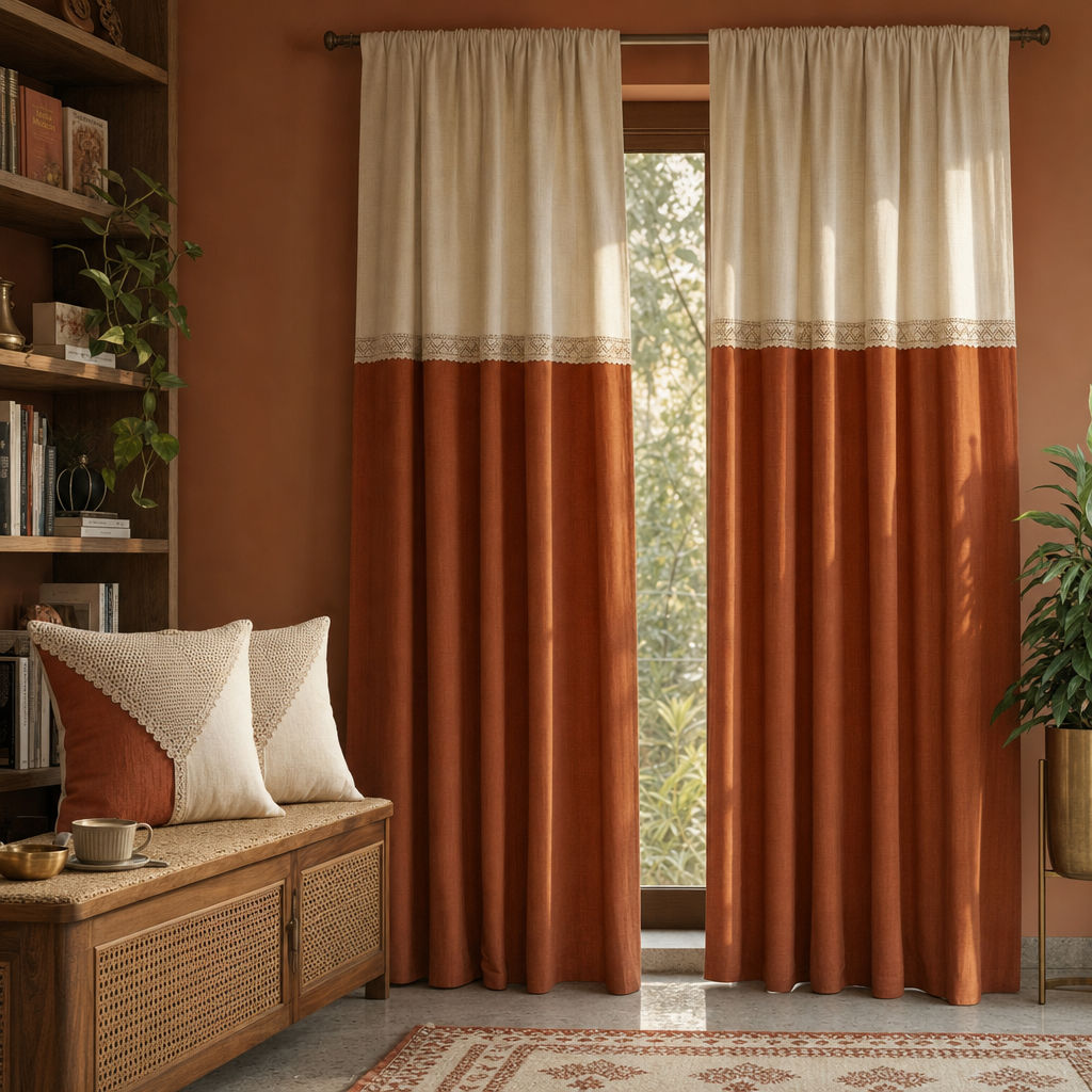 Rust & Off-White Reversible Cotton Curtain & Cushion Set in a modern home