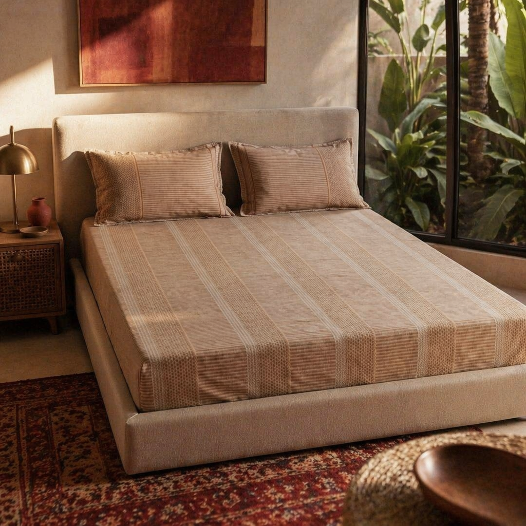 Taupe & Wine Textured Sanganer Bedsheet, The Linen Room. Handmade in India by House of Taraasha.