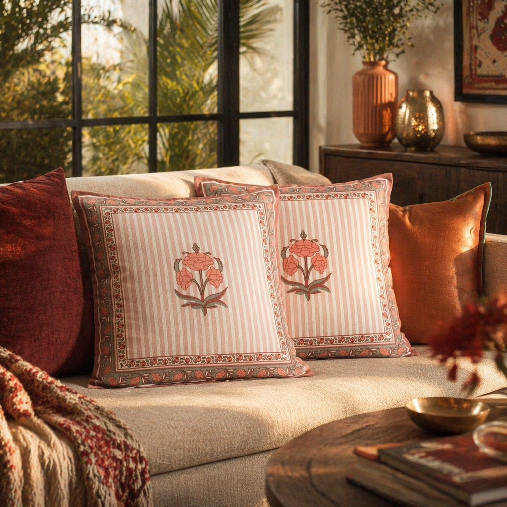 Royal Courtyards Dusty Pink Floral Cotton Cushion Cover, The Living Room. Handmade in India by House of Taraasha.