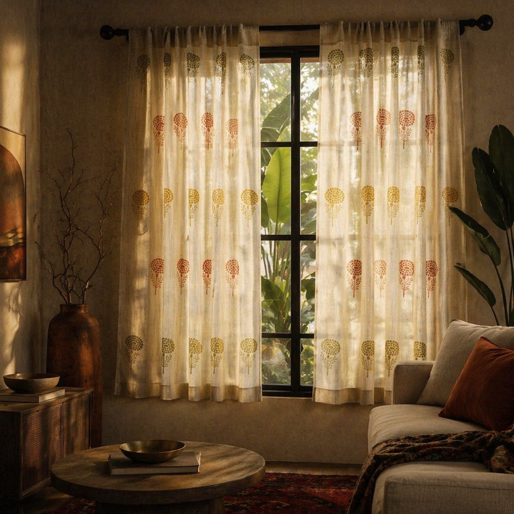 Sheer Rust, Mustard and Taupe Mulmul Curtain, The Draped Window. Handmade in India by House of Taraasha.