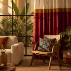 Reversible Maroon Cotton Curtain and Cushion Room Set, The Draped Window. Handmade in India by House of Taraasha.