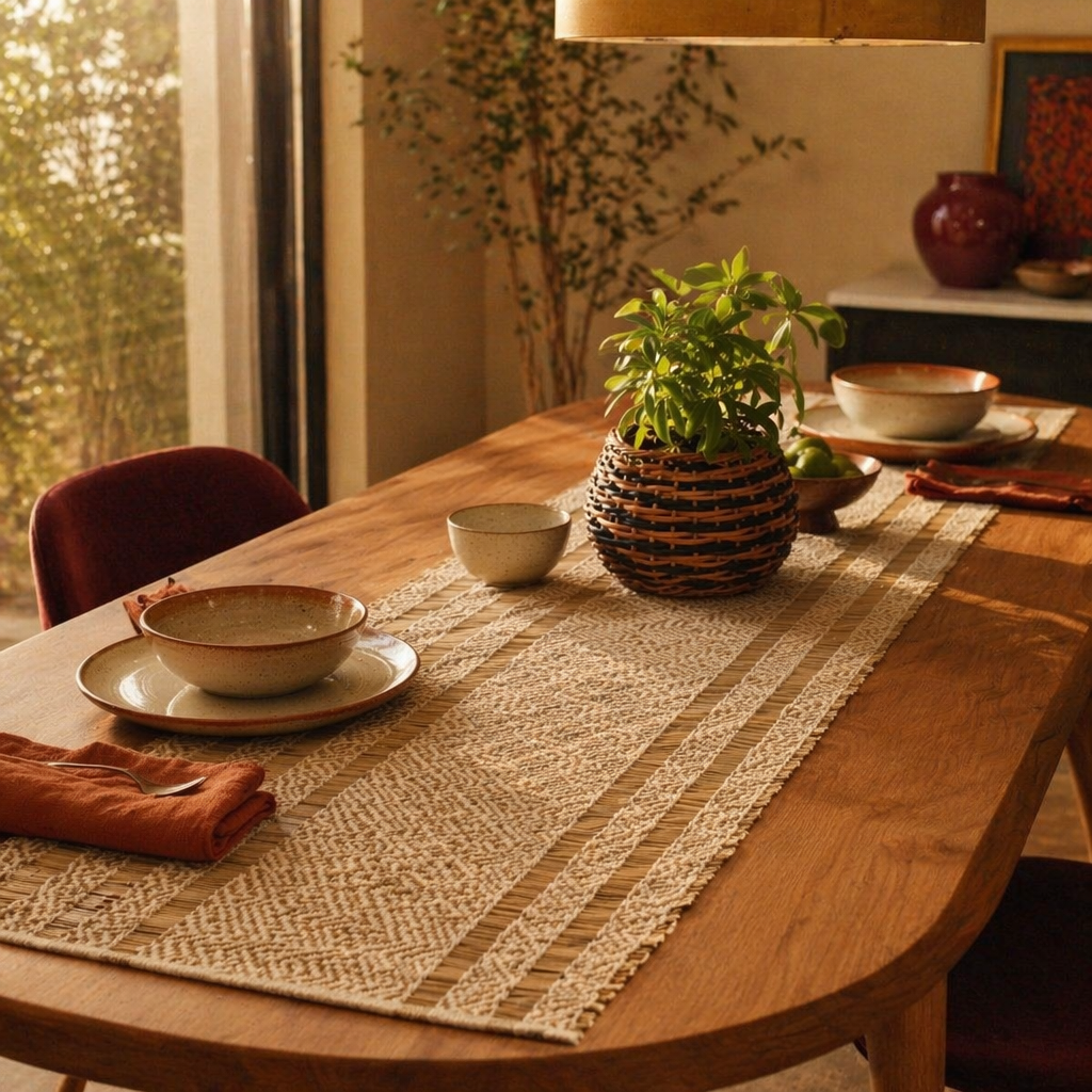 Madur Grass Woven Runner Off-White, The Gathered Table. Handmade in India by House of Taraasha.