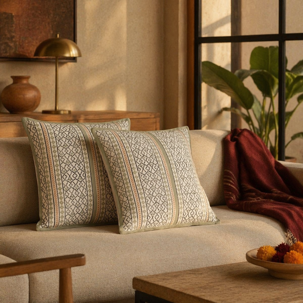 Aqua Stripe Hand Block-Printed Cotton Cushion Cover, The Living Room. Handmade in India by House of Taraasha.
