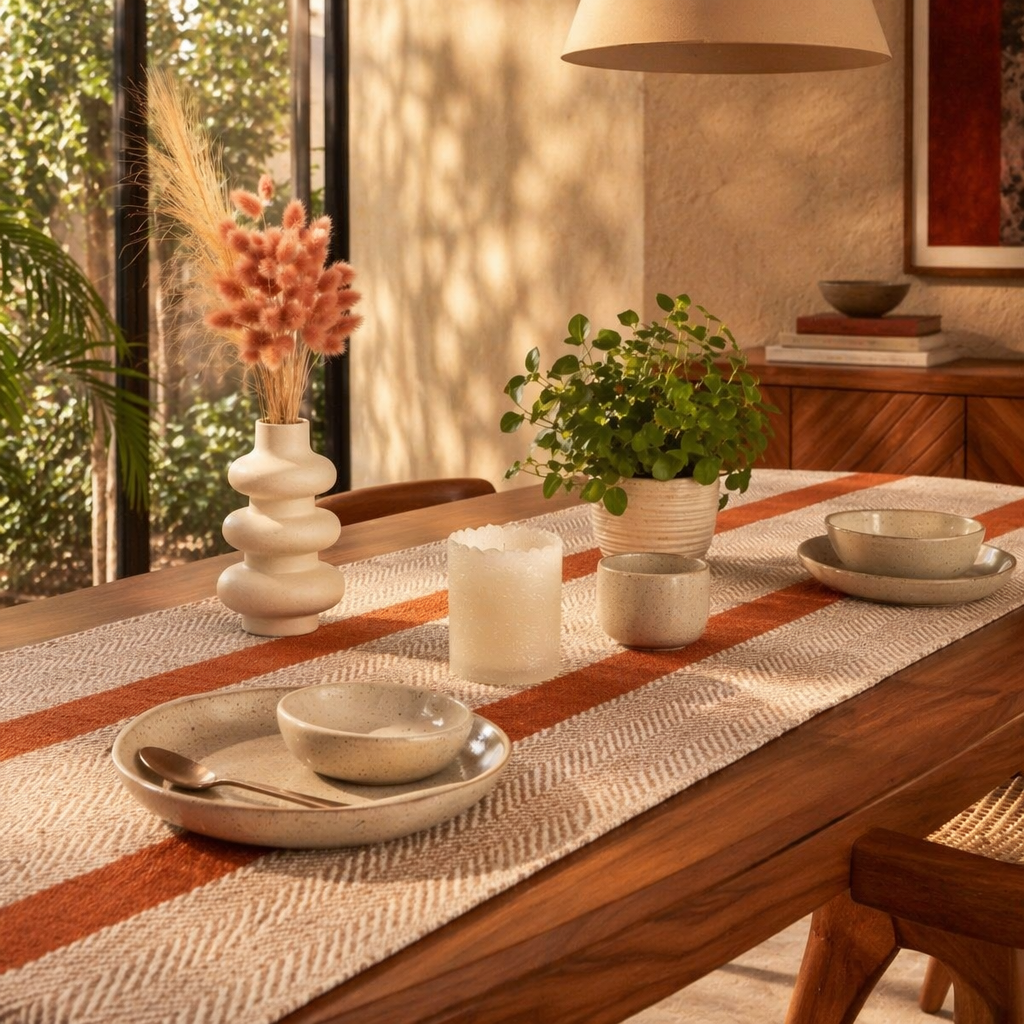 Madur Rust Handwoven Grass Table Runner, The Gathered Table. Handmade in India by House of Taraasha.