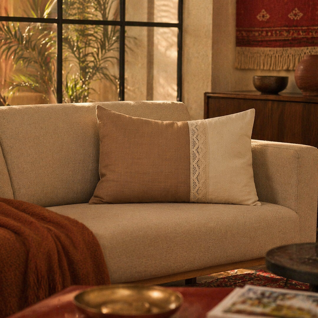 Taupe and Off White Rectangular Crochet Cushion Cover, The Living Room. Handmade in India by House of Taraasha.