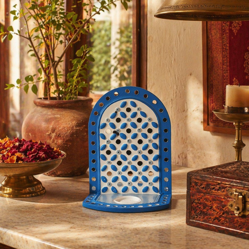 Blue Lippan Mud and Mirror Tea Light Holder, Still Light. Handmade in India by House of Taraasha.