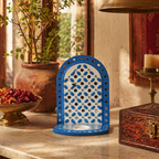 Blue Lippan Mud and Mirror Tea Light Holder, Still Light. Handmade in India by House of Taraasha.