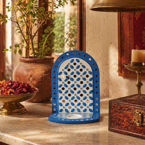 Blue Lippan Mud and Mirror Tea Light Holder, Still Light. Handmade in India by House of Taraasha.