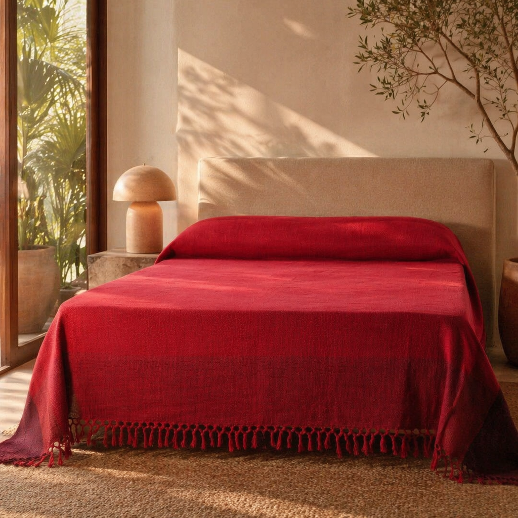 Berry Tones Handwoven Cotton Bed Cover, The Linen Room. Handmade in India by House of Taraasha.