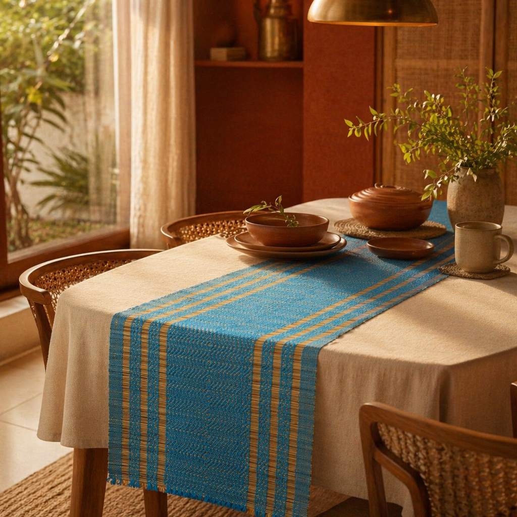 Madur Blue Handwoven Grass Runner, 4-Seater, The Gathered Table. Handmade in India by House of Taraasha.
