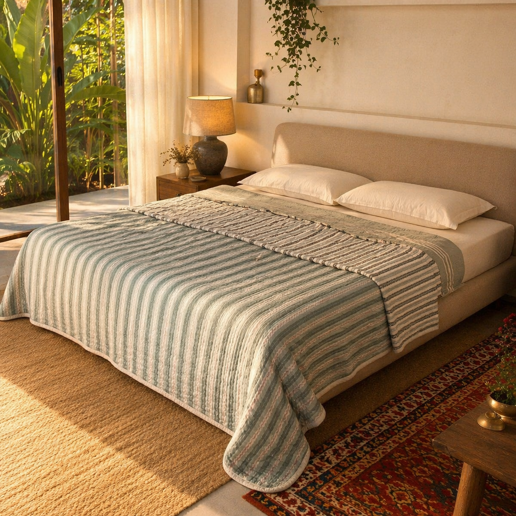 Green Leafy Stripes Reversible Mulmul Quilt, The Linen Room. Handmade in India by House of Taraasha.