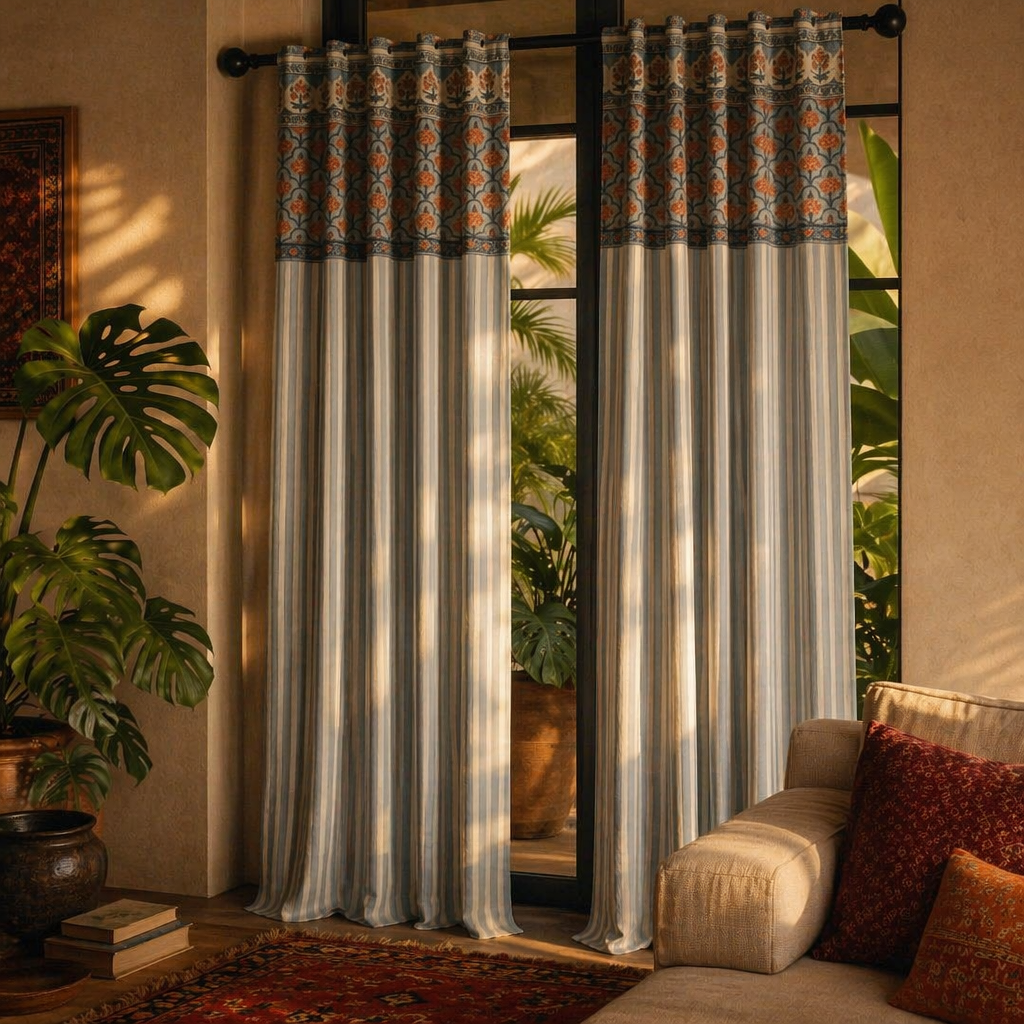 Ornate Floral and Bold Stripe Cotton Door Curtain, The Draped Window. Handmade in India by House of Taraasha.