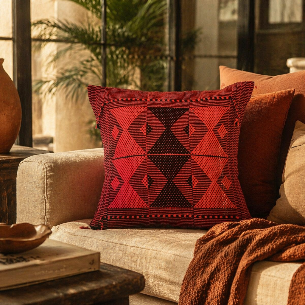 Naga Tribal Backstrap-Woven Red and Black Pattern Cushion Cover, The Living Room. Handmade in India by House of Taraasha.