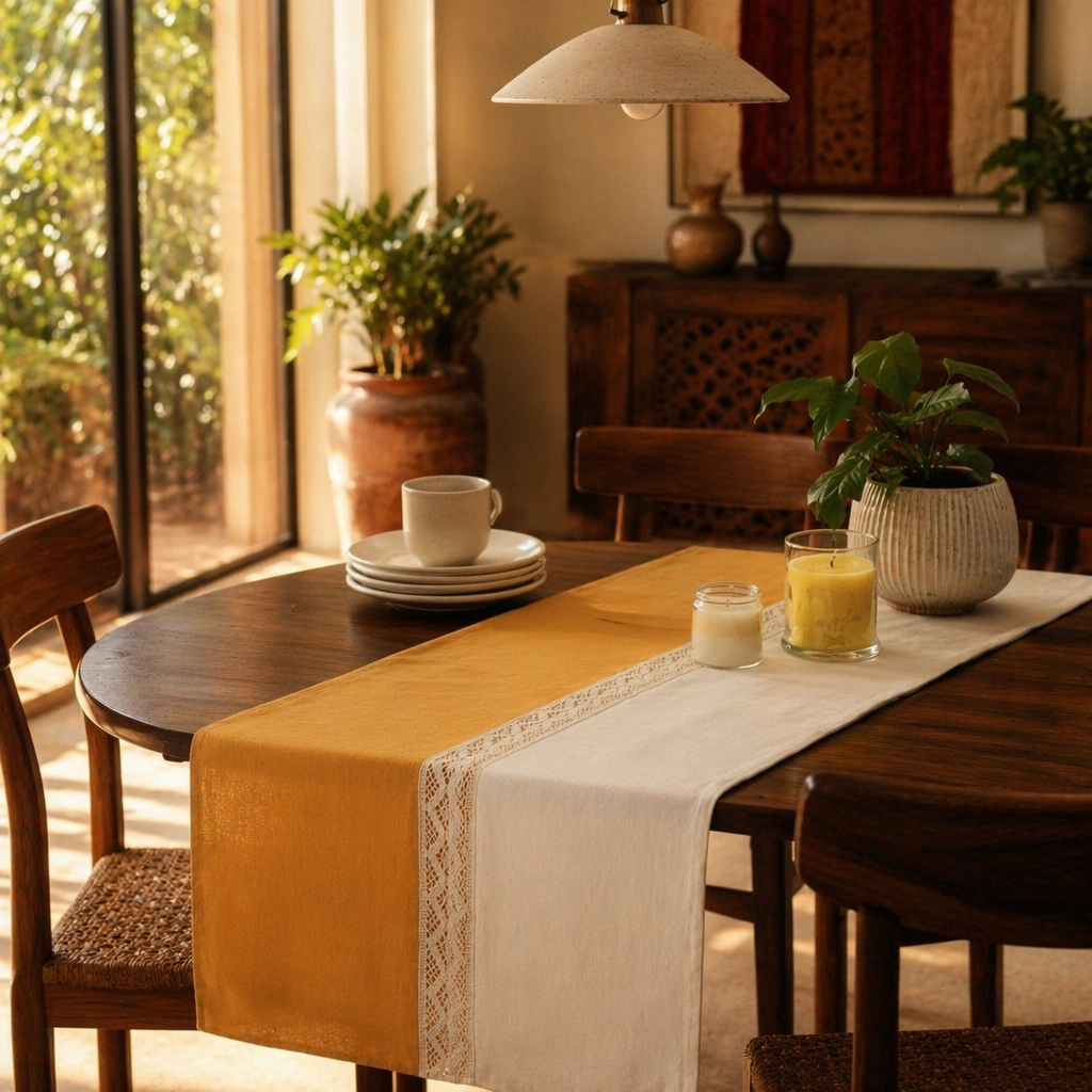Crochet-Edged Runner Mustard and Off-White, The Gathered Table. Handmade in India by House of Taraasha.
