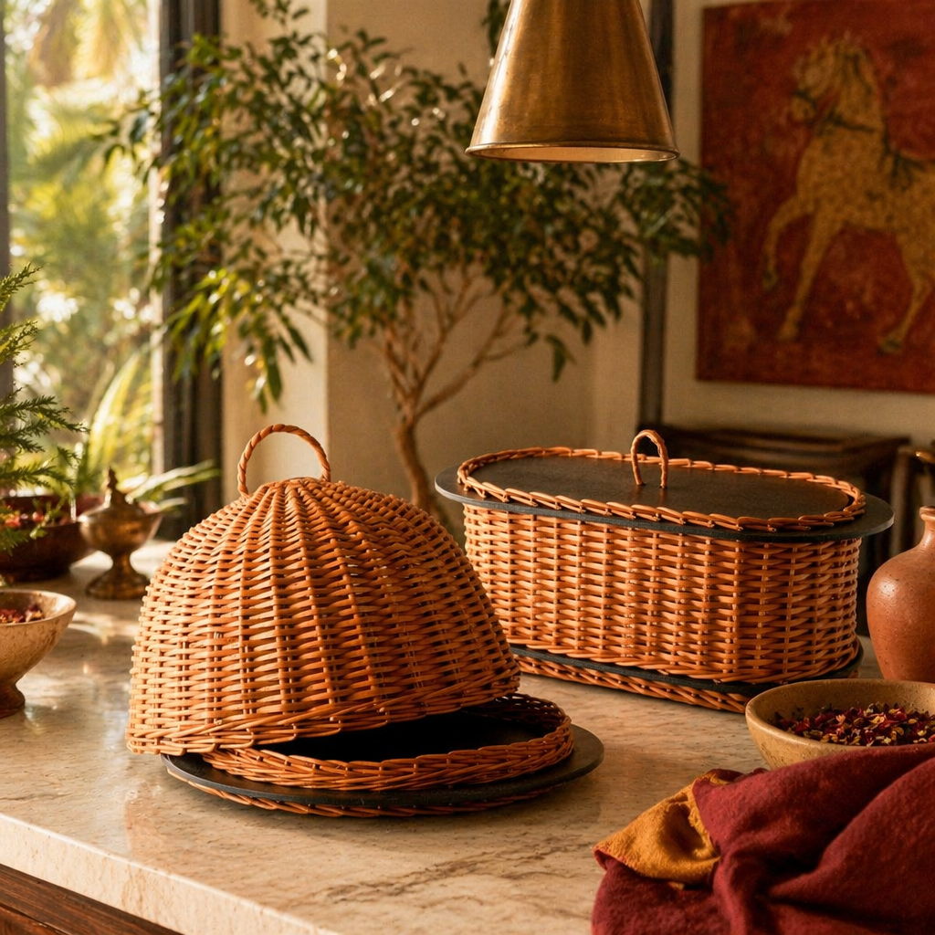 Kashmiri Willow Wicker Cloche & Bread Box, The Wicker House. Handmade in India by House of Taraasha.