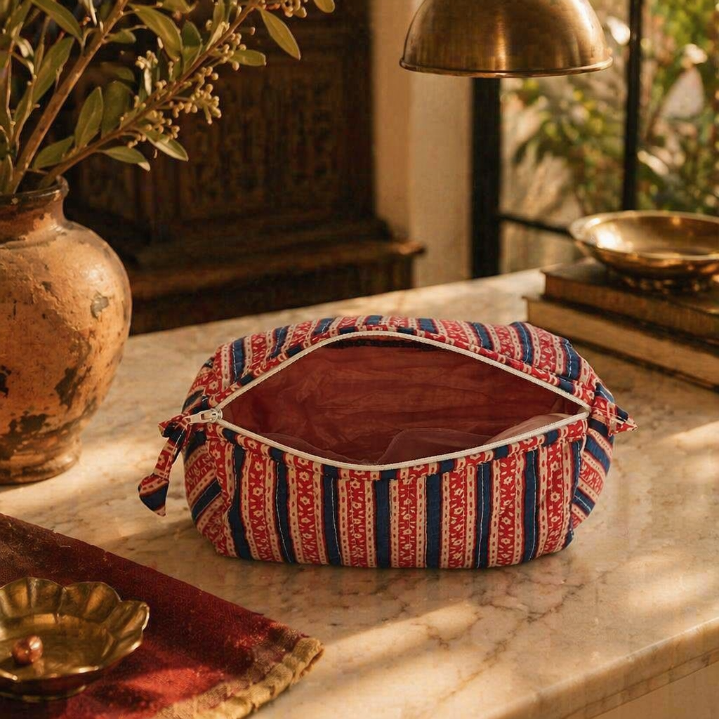 Quilted Block-Print Pouch Red and Blue, Large, The Gift Room. Handmade in India by House of Taraasha.