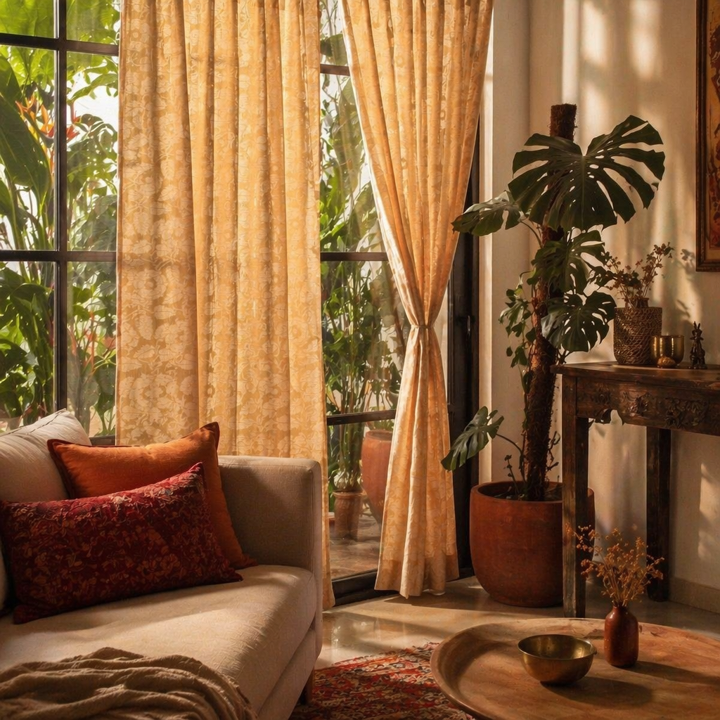 Peach Yellow Karhuwa Cutwork Door Curtain, The Draped Window. Handmade in India by House of Taraasha.