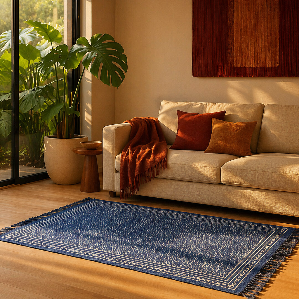 Dabu Lattice Mud-Resist Block-Printed Indigo Cotton Rug, The Woven Floor. Handmade in India by House of Taraasha.