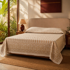 Gold on White Hand-Printed Cotton Bed Cover, The Linen Room. Handmade in India by House of Taraasha.