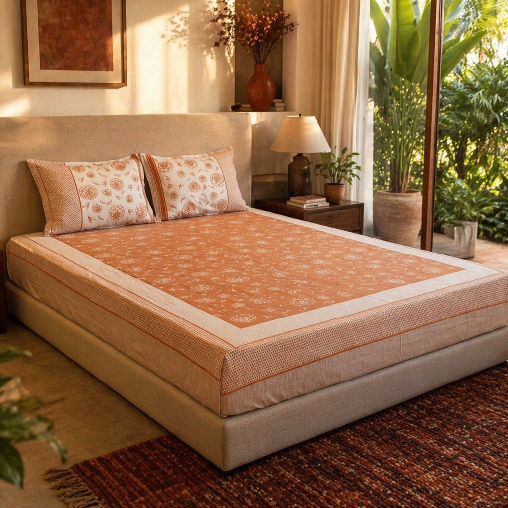 Rust & Off-White Marigold Motif Bedsheet, The Linen Room. Handmade in India by House of Taraasha.
