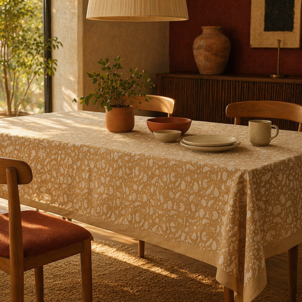 Floral Cotton Hand-Printed 6-Seater Tablecloth, The Gathered Table. Handmade in India by House of Taraasha.
