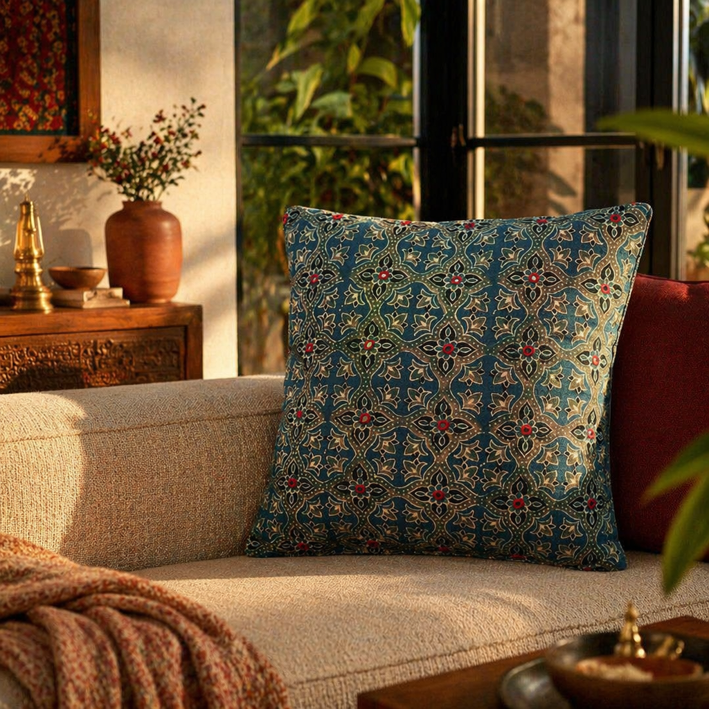 Indigo and Green Block-Printed Mirror-Embroidered Cushion, The Living Room. Handmade in India by House of Taraasha.