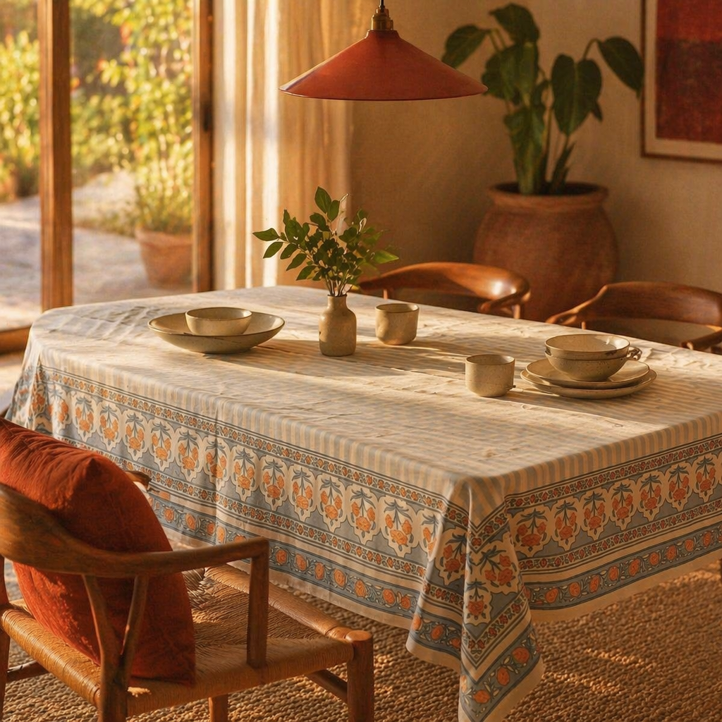 Royal Courtyards Table Cloth Blue and Dusty Pink, The Gathered Table. Handmade in India by House of Taraasha.