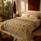 Sage Green Marigold Mulmul Quilt, The Linen Room. Handmade in India by House of Taraasha.