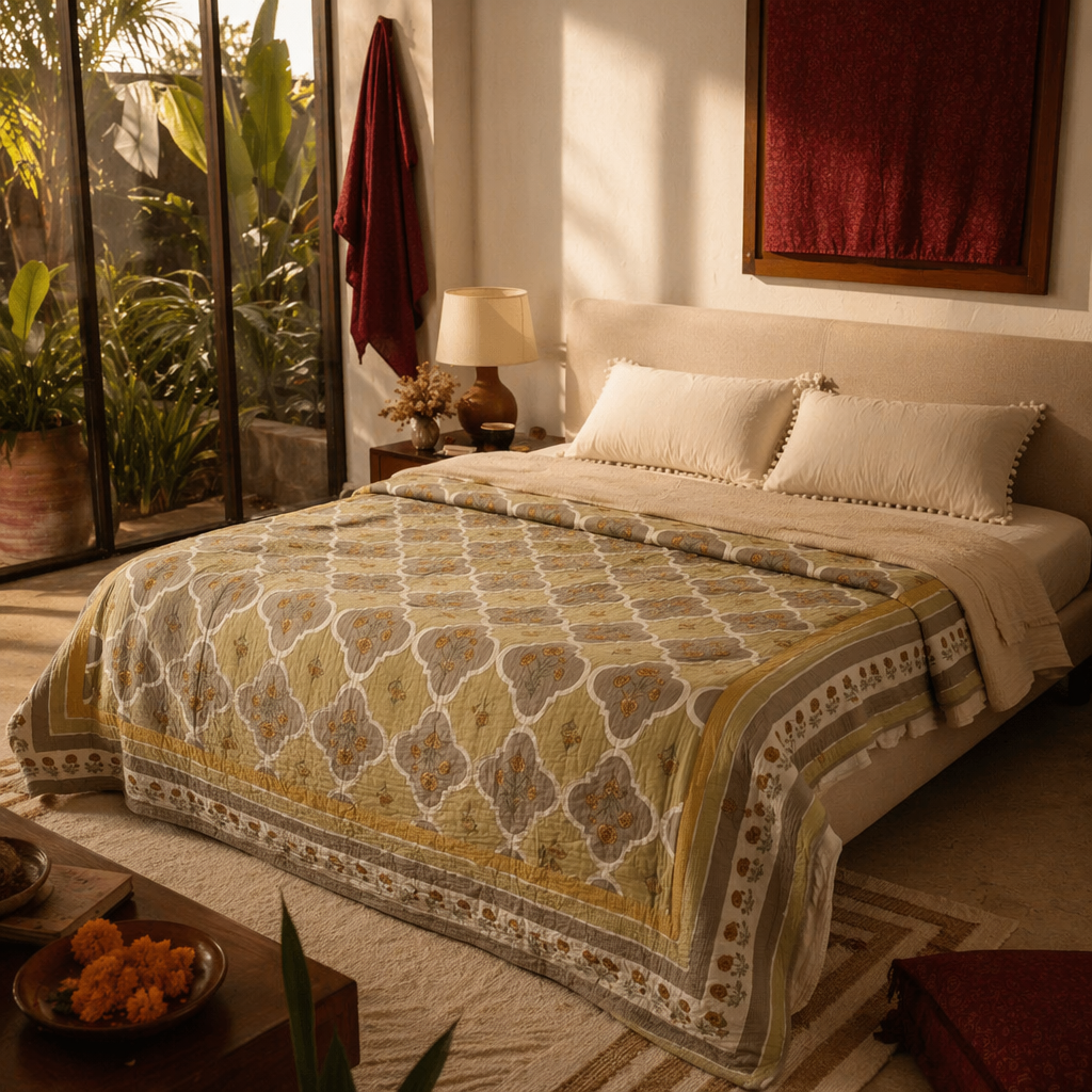 Sage Green Marigold Mulmul Quilt, The Linen Room. Handmade in India by House of Taraasha.