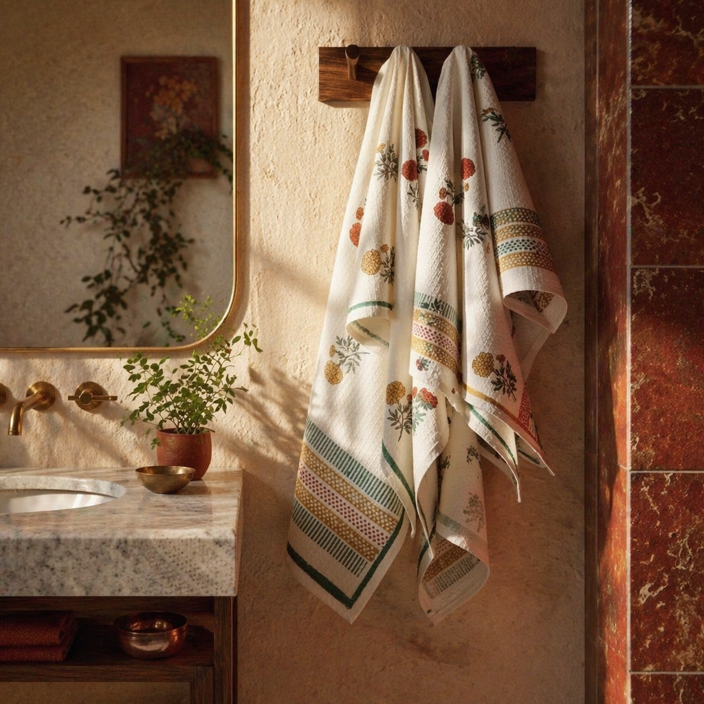 Marigold Hand Block-Printed Waffle Cotton Towel Set, The Linen Room. Handmade in India by House of Taraasha.
