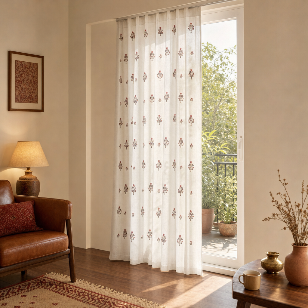 Mulmul Sheer Hand-Printed Rust and Green Floral Curtain in a modern home
