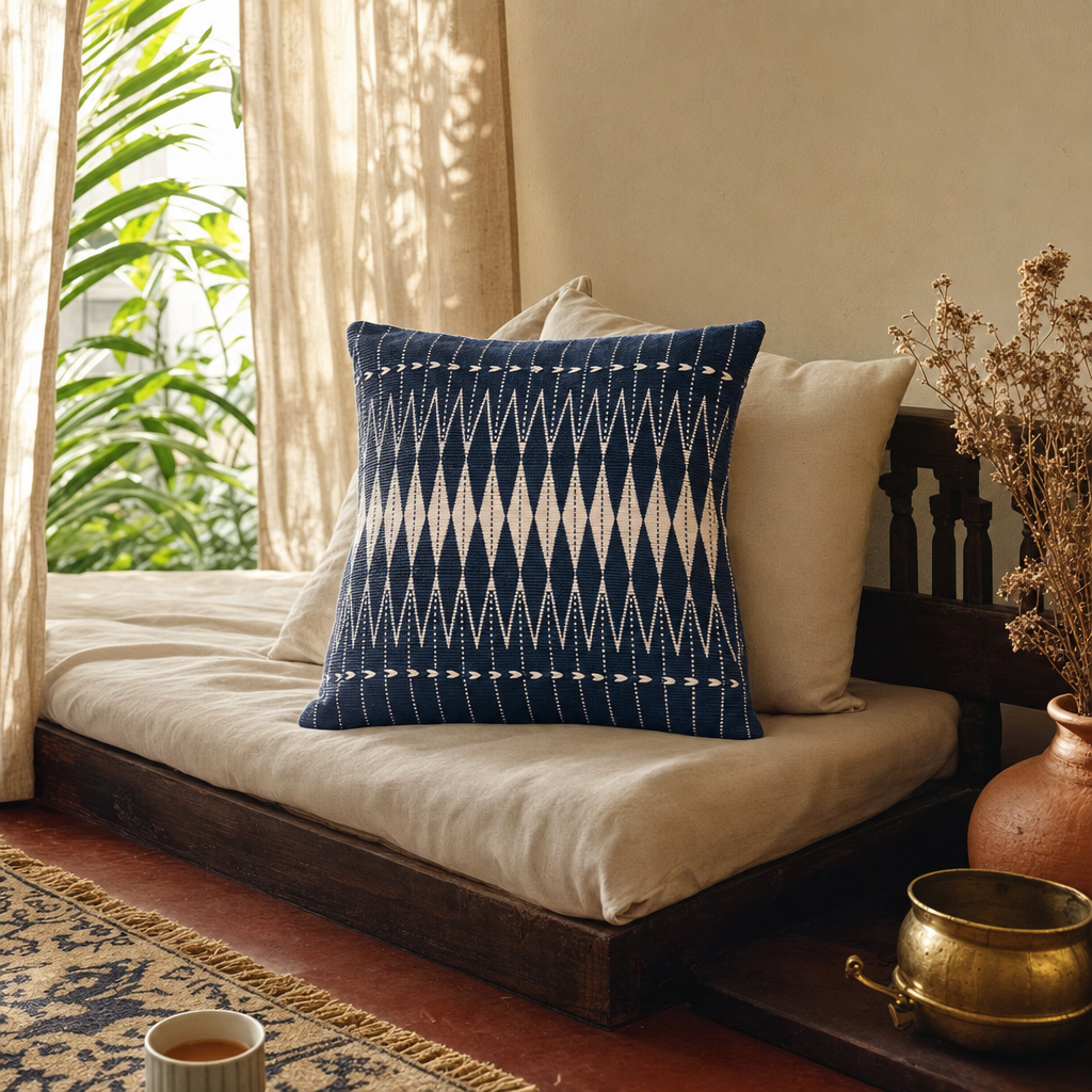 Naga Indigo Fusion Backstrap-Woven Blue and White Cushion Cover in a modern home
