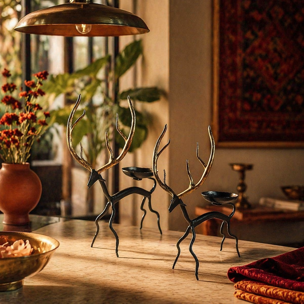 Golden Deer Bastar Lohshilp Wrought Iron Tea Lights, Still Light. Handmade in India by House of Taraasha.