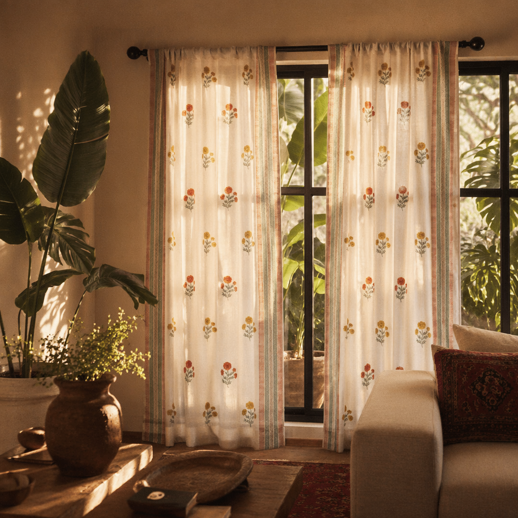Mulmul Marigold Sheer Rust Mustard and Teal Curtain, The Draped Window. Handmade in India by House of Taraasha.