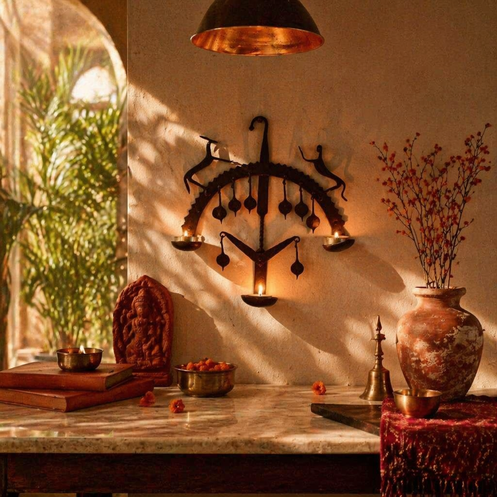 Bastar Wall Lamp Lohshilp Wrought Iron Tea Light, Still Light. Handmade in India by House of Taraasha.