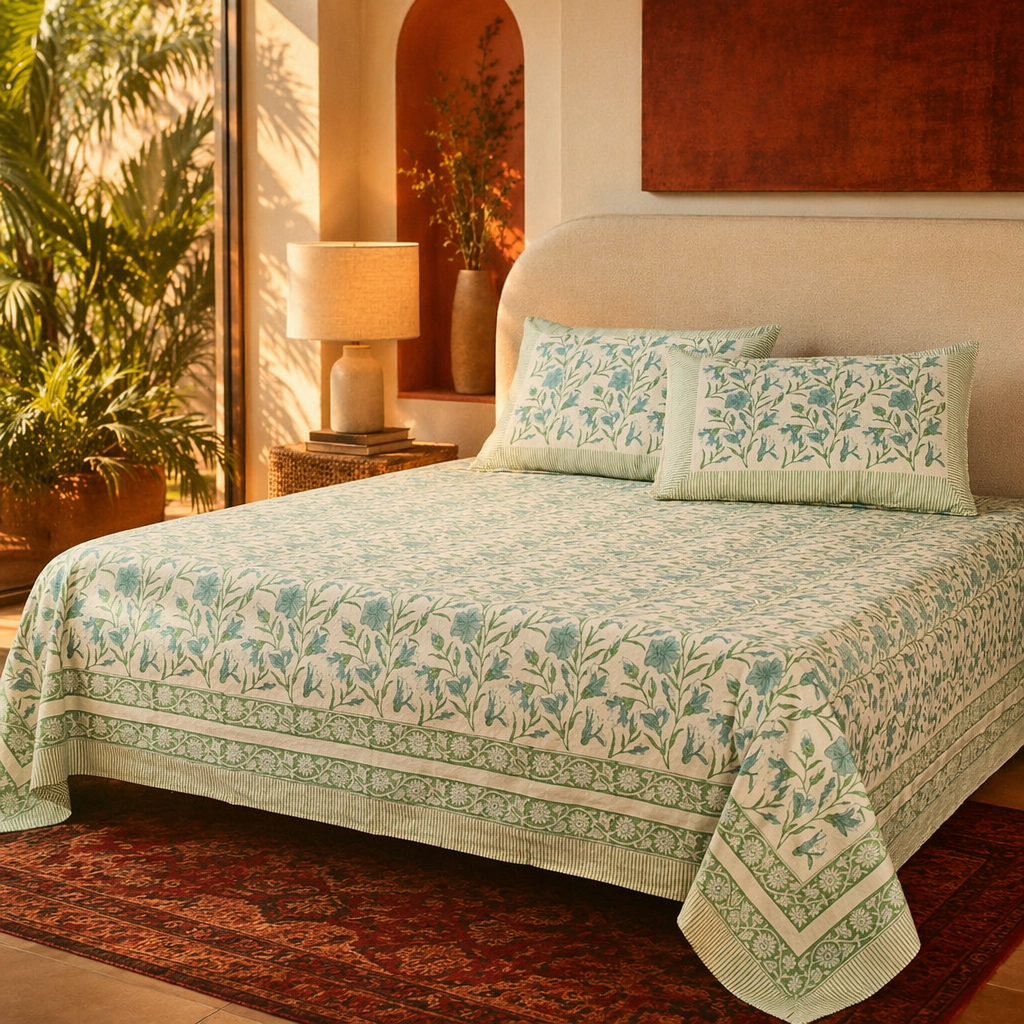 Light Green & White Hand Block-Printed Bedsheet, The Linen Room. Handmade in India by House of Taraasha.